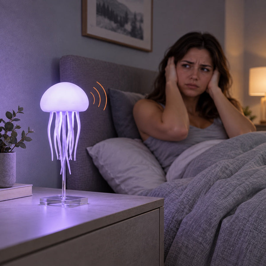Staged comparison scene with a woman covering her ears beside a generic lamp