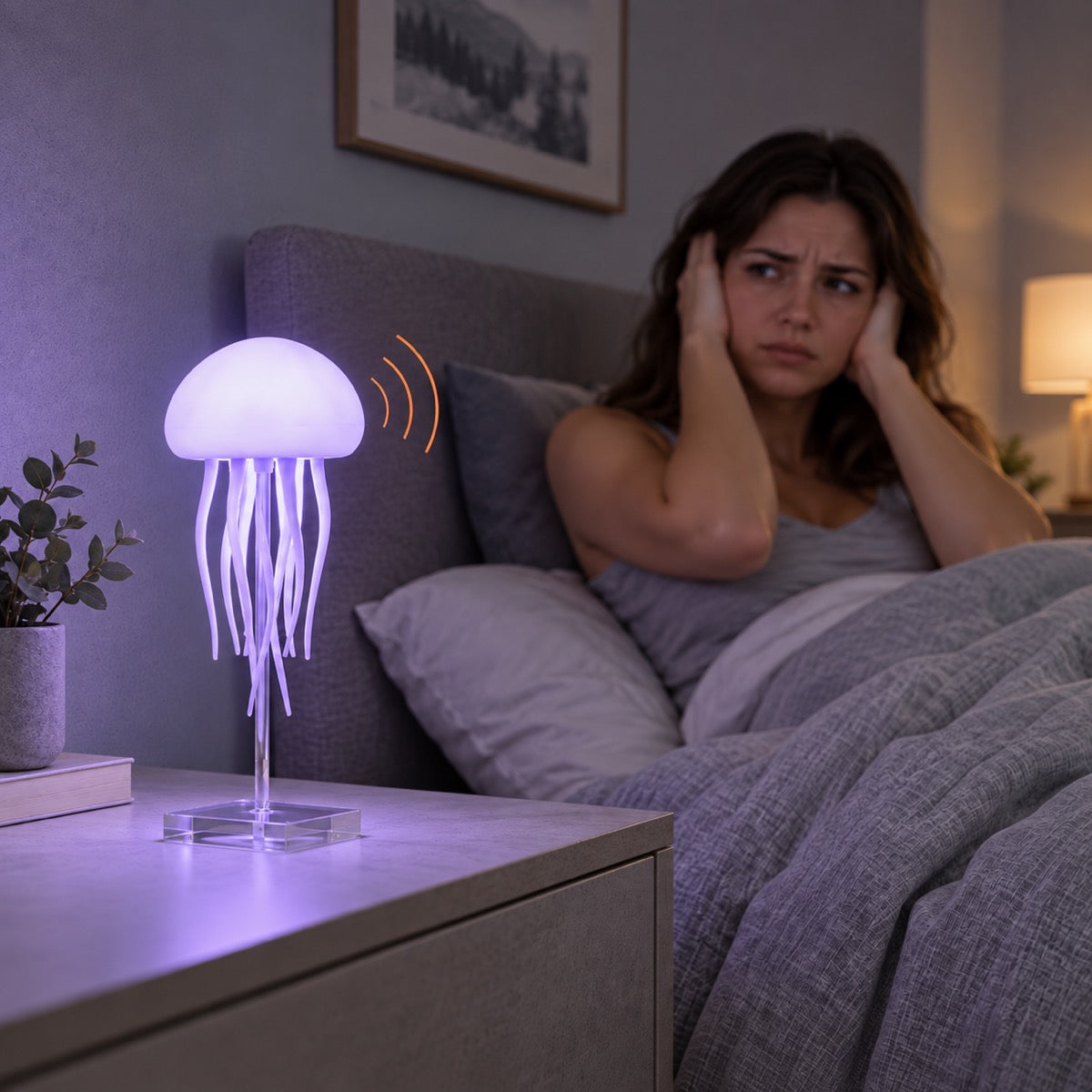 Staged comparison scene with a woman covering her ears beside a generic lamp