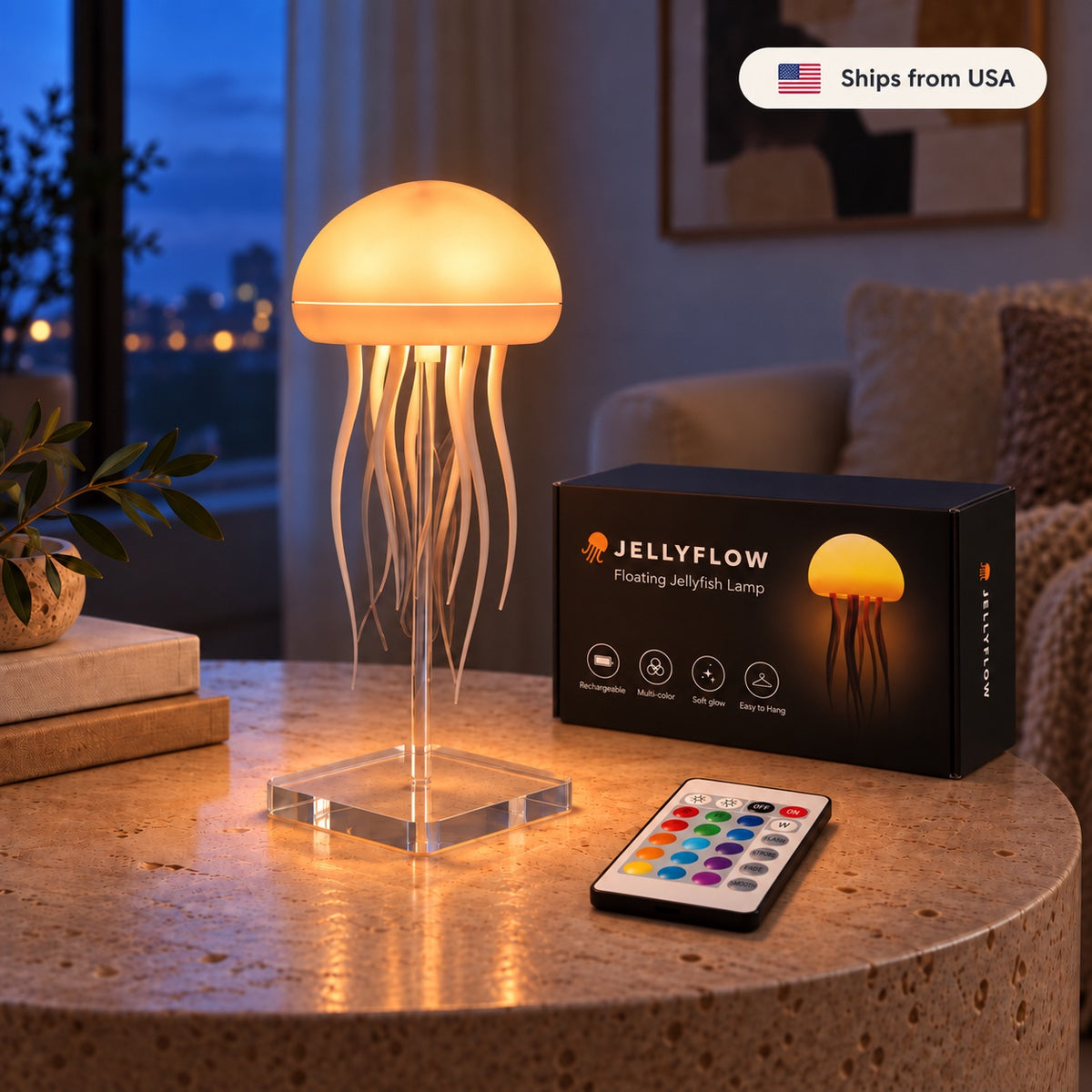 Jellyflow Wireless Remote lamp with remote, transparent stand and branded box, ships from USA