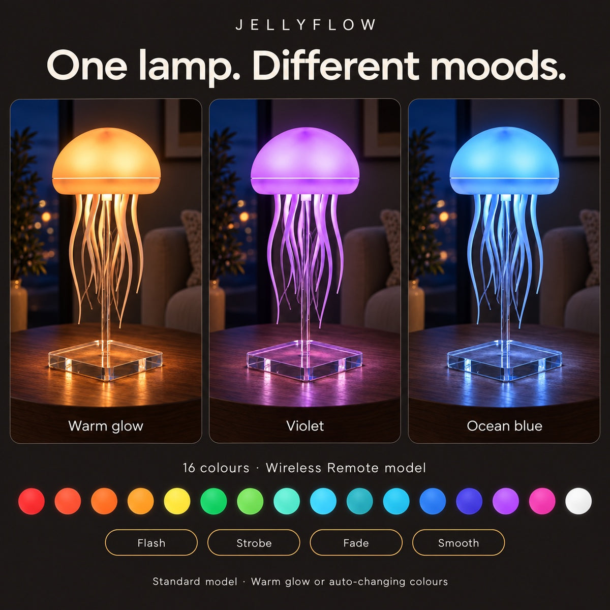 Colour presets and Flash, Strobe, Fade and Smooth modes