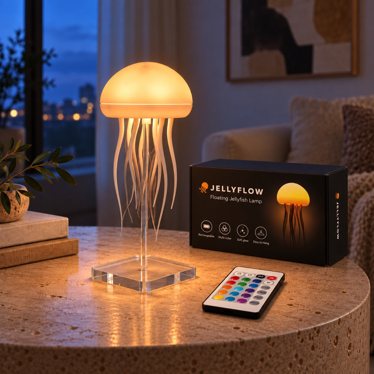 Jellyflow lamp with a transparent square stand, wireless remote and branded box in a warm modern living room